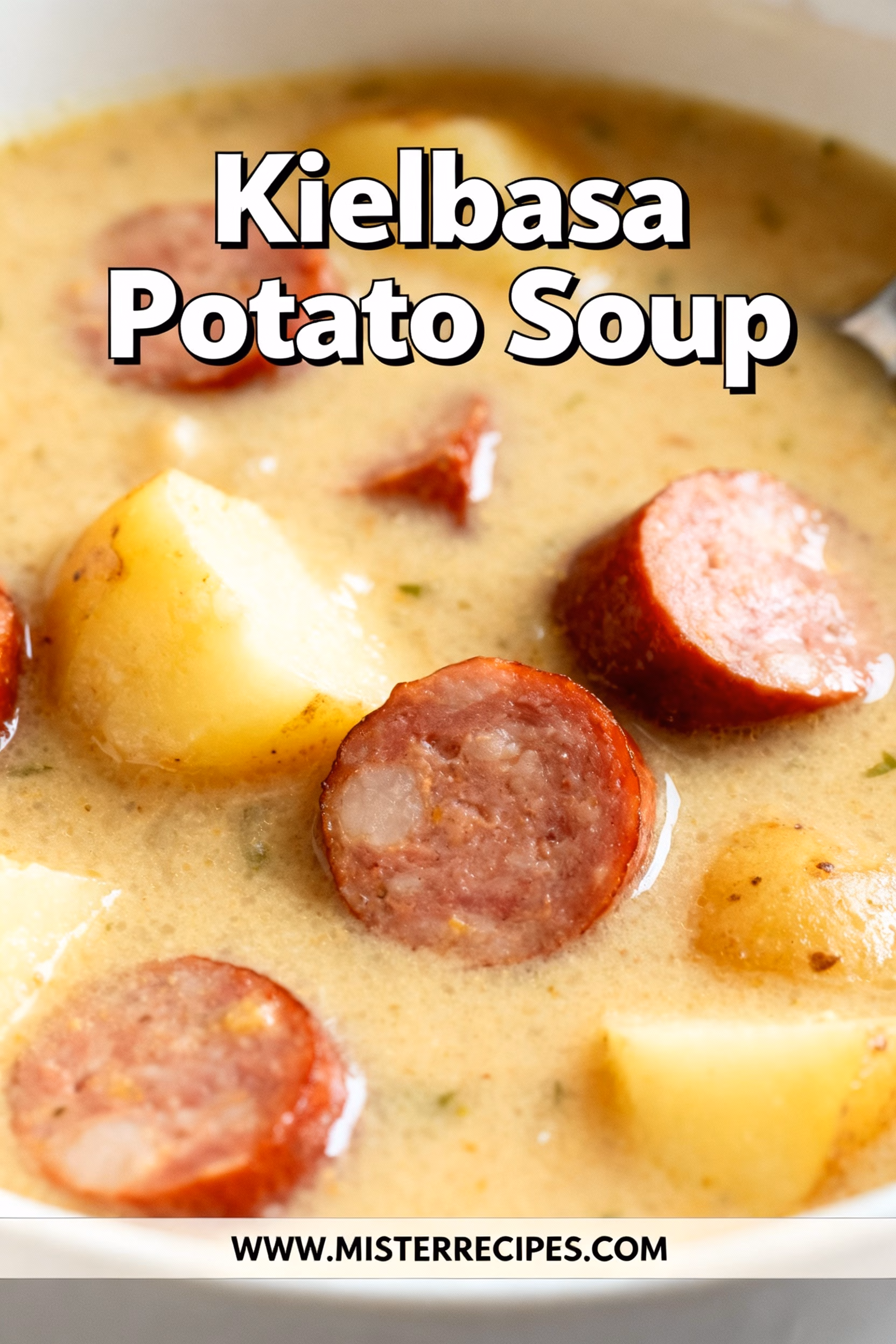 image of realistic top down mise en place shot showing fresh kielbasa polish sausage potatoes chicken broth yellow onion garlic cloves carrots celery milk heavy cream cheddar cheese parmesan cheese olive oil all purpose flour bacon kale arranged in healthy clear glass bowls on rustic brown wooden kitchen sets on white marble kitchen counter under soft diffuse daylight