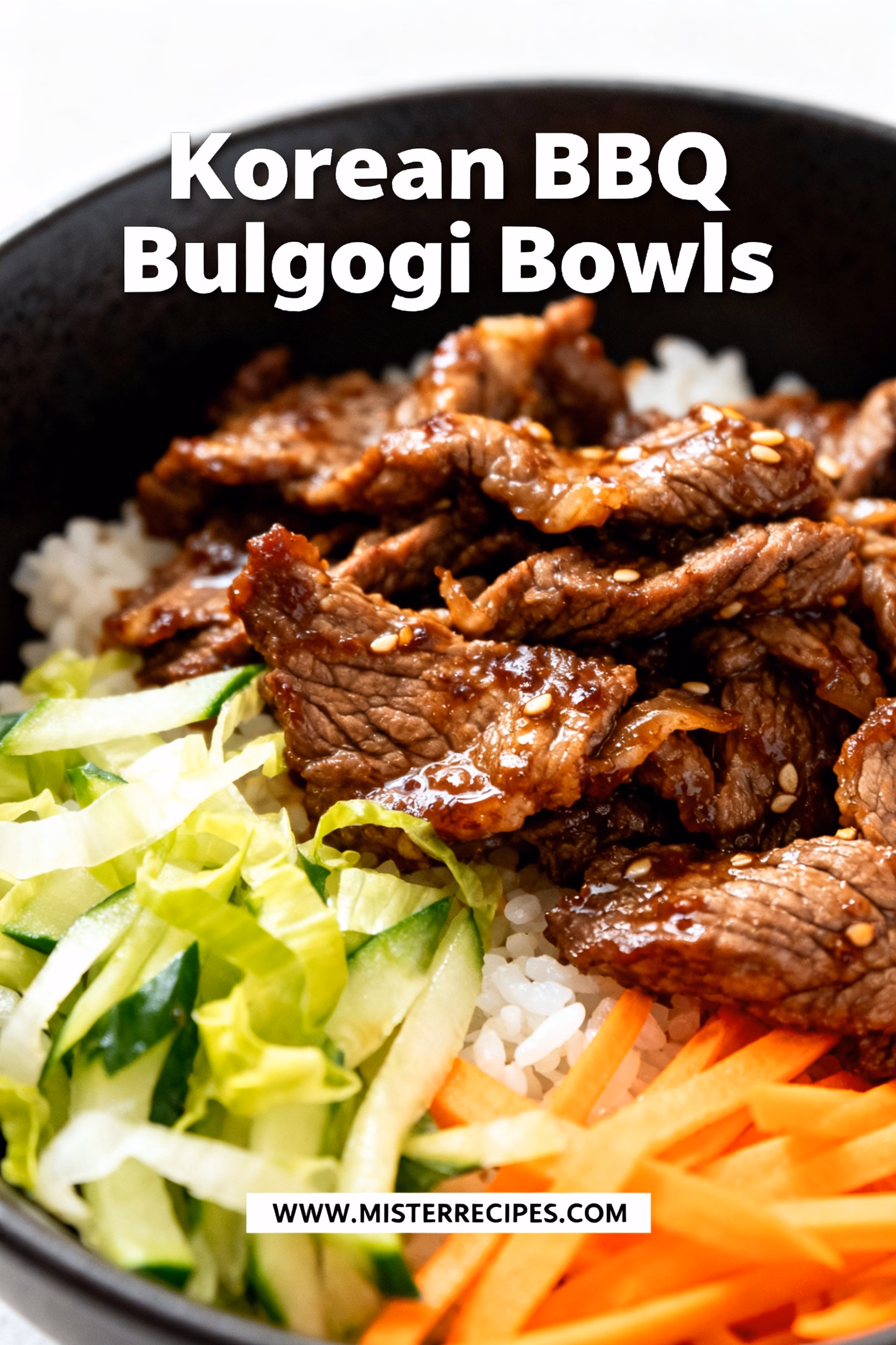 image of fresh beef sirloin bulgogi marinade soy sauce brown sugar sesame oil garlic ginger pear rice kimchi lettuce cucumber carrots green onions sesame seeds gochujang mushrooms bell peppers spinach tofu rice noodles cauliflower rice arranged on white marble kitchen counter with clear glass bowls and rustic brown wooden kitchen sets under soft diffuse daylight