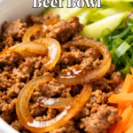 image of Ground beef soy sauce sesame oil garlic ginger green onions cooked rice brown sugar rice vinegar gochujang chili garlic sauce red pepper flakes honey sesame seeds cucumber kimchi fried egg broccoli bell peppers spinach carrot avocado pickled ginger arranged on white marble kitchen counter with healthy clear glass bowls and rustic brown wooden kitchen sets under soft diffuse daylight