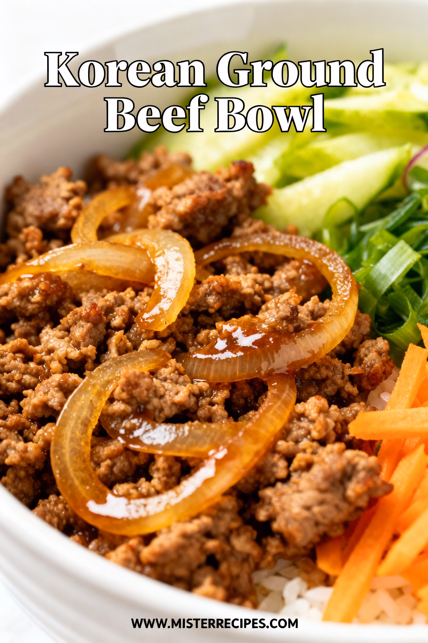 image of Ground beef soy sauce sesame oil garlic ginger green onions cooked rice brown sugar rice vinegar gochujang chili garlic sauce red pepper flakes honey sesame seeds cucumber kimchi fried egg broccoli bell peppers spinach carrot avocado pickled ginger arranged on white marble kitchen counter with healthy clear glass bowls and rustic brown wooden kitchen sets under soft diffuse daylight