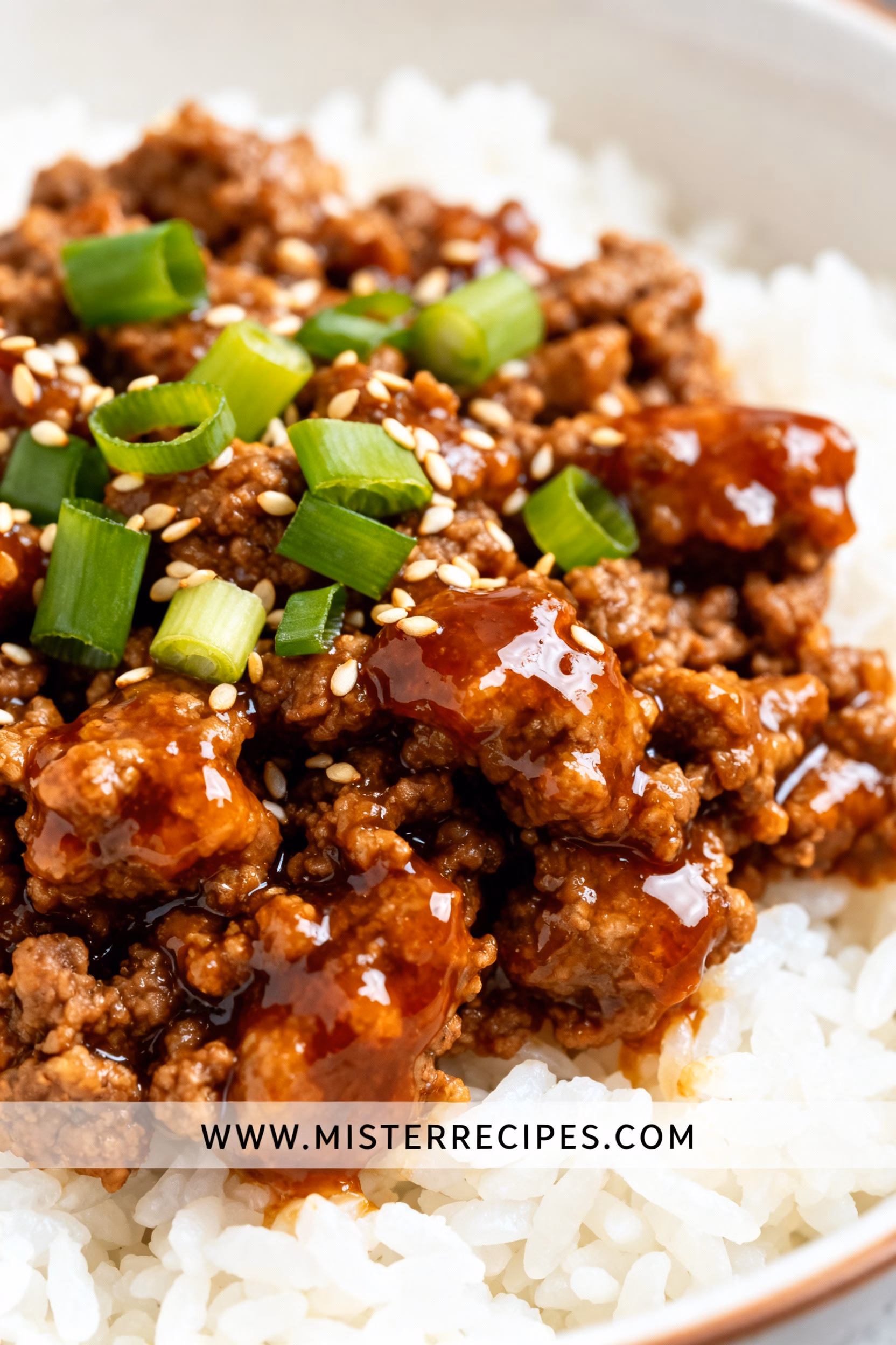 image of fresh ground beef in clear bowl low sodium soy sauce in glass bottle fresh garlic cloves fresh ginger root toasted sesame oil brown sugar in bowl honey jar white rice grains green onions red pepper flakes gochujang paste chili garlic sauce rice vinegar cooking oil salt pepper fried egg kimchi sesame seeds carrots cucumber spinach avocado arranged on white marble countertop with rustic brown wooden bowls and kitchen tools under soft natural daylight