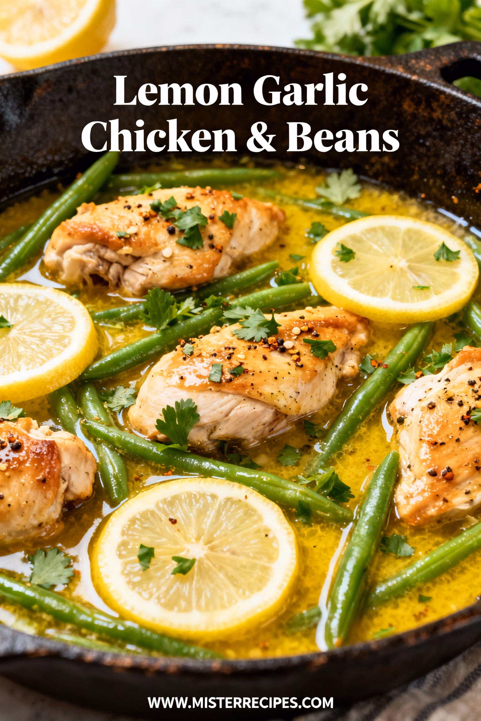 image of A photorealistic flat lay mise en place shot of the ingredients for Lemon Garlic Chicken and Beans A white marble kitchen counter is the background with natural daylight The main ingredients are arranged beautifully A platter holds seasoned raw chicken breasts and thighs bowls contain fresh green beans white cannellini beans and chickpeas A lemon cut in half and whole cloves of garlic are present Small rustic wooden bowls hold olive oil melted butter paprika fresh parsley salt and black pepper The arrangement is clean organized and visually appealing the lighting is soft and bright