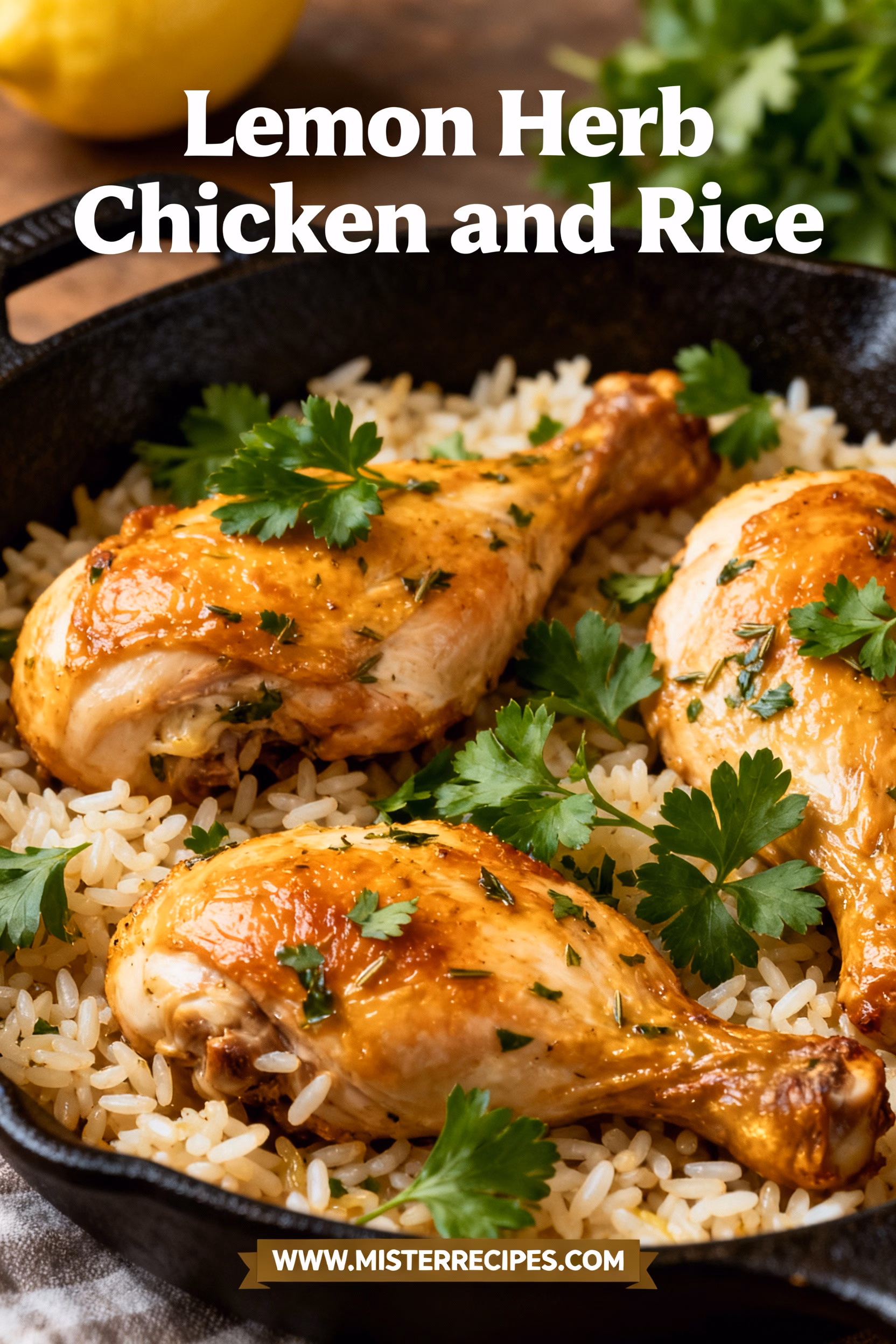 image of fresh chicken breasts lemon slices garlic cloves fresh rosemary thyme sprigs olive oil long grain rice chicken broth arranged on white marble kitchen counter with clear glass bowls and rustic brown wooden kitchen sets under soft diffuse daylight