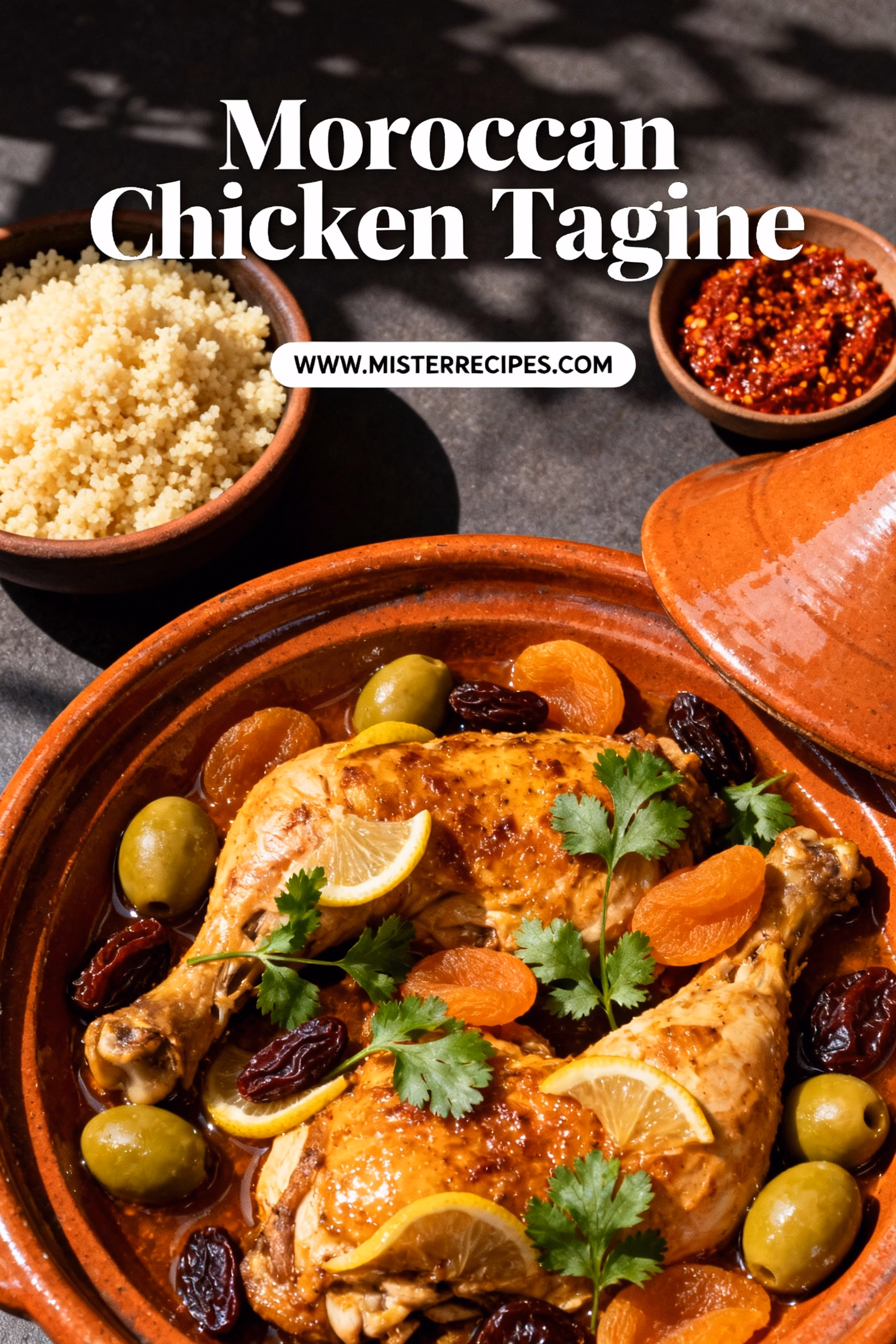 image of fresh chicken thighs onions garlic olive oil chicken stock preserved lemons green olives carrots chickpeas dried apricots fresh parsley cilantro ground cumin ginger paprika turmeric cinnamon saffron threads almonds arranged on white marble kitchen counter with clear glass bowls and rustic brown wooden cutting boards under soft daylight