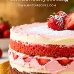 image of a close up shot of a flat lay mise en place on a white marble kitchen counter with fresh natural ingredients for a neapolitan layer cake with strawberry frosting including all purpose flour cake flour butter eggs sugar baking powder baking soda salt buttermilk vanilla extract fresh strawberries strawberry puree strawberry reduction cocoa powder melted chocolate strawberry jam food coloring red pink cream cheese powdered sugar heavy cream strawberry extract freeze dried strawberry powder chocolate ganache lemon juice cornflour milk in small clear glass bowls and rustic brown wooden kitchen utensils under soft diffuse daylight photorealistic food photography high resolution