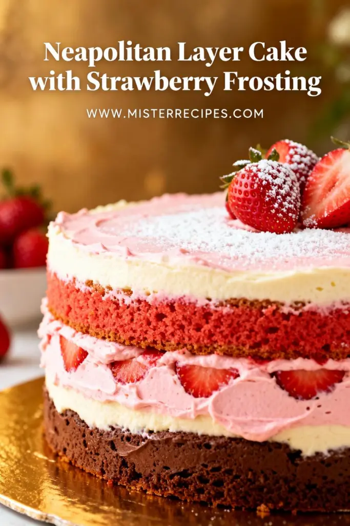 image of a close up shot of a flat lay mise en place on a white marble kitchen counter with fresh natural ingredients for a neapolitan layer cake with strawberry frosting including all purpose flour cake flour butter eggs sugar baking powder baking soda salt buttermilk vanilla extract fresh strawberries strawberry puree strawberry reduction cocoa powder melted chocolate strawberry jam food coloring red pink cream cheese powdered sugar heavy cream strawberry extract freeze dried strawberry powder chocolate ganache lemon juice cornflour milk in small clear glass bowls and rustic brown wooden kitchen utensils under soft diffuse daylight photorealistic food photography high resolution