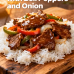 image of a realistic top down mise en place shot showing the fresh ingredients beef flank sirloin steak thinly sliced bell peppers red green onion garlic ginger soy sauce oyster sauce cornstarch arranged on a white marble kitchen counter with healthy clear glass bowls and rustic brown wooden kitchen sets under soft diffuse daylight