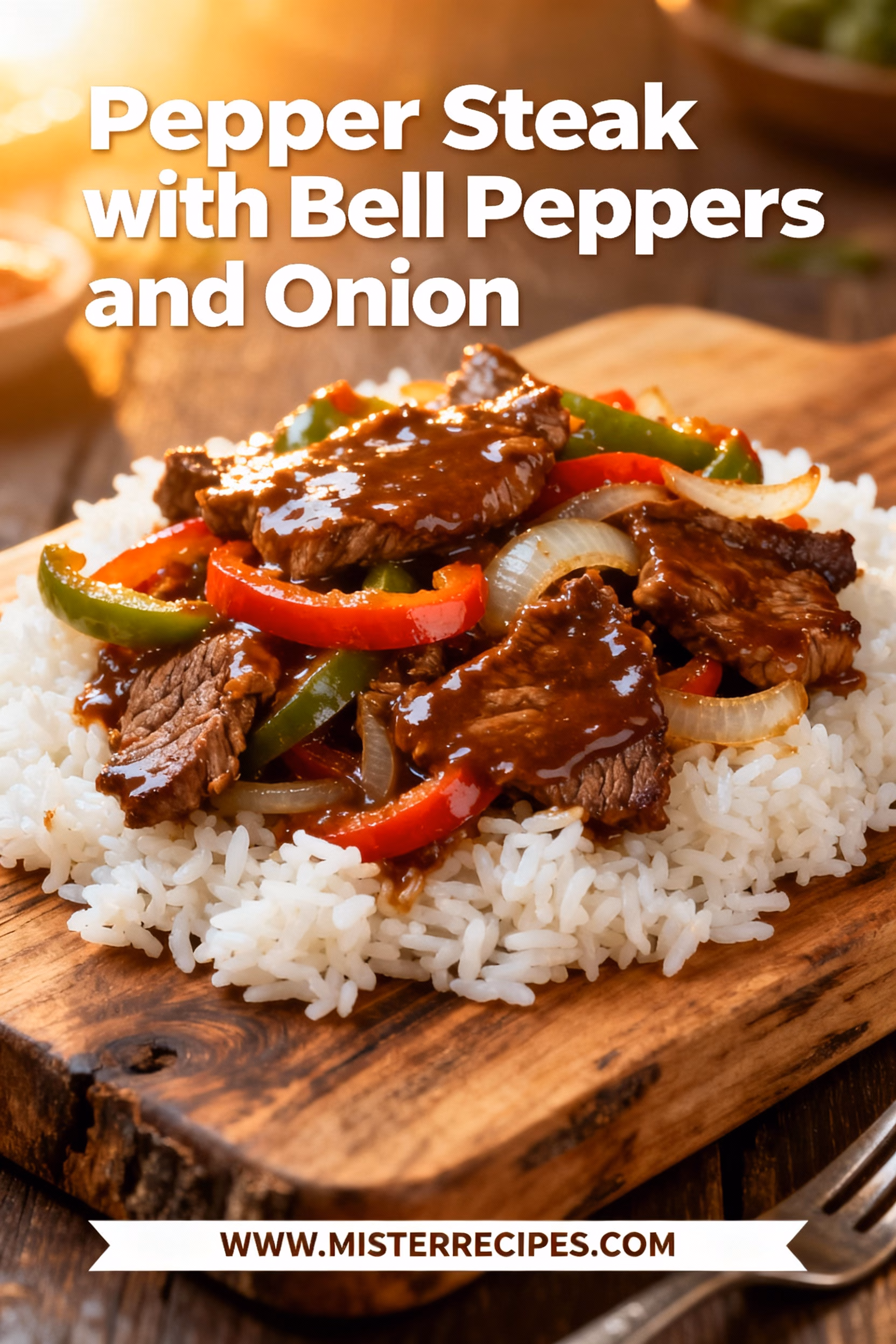 image of a realistic top down mise en place shot showing the fresh ingredients beef flank sirloin steak thinly sliced bell peppers red green onion garlic ginger soy sauce oyster sauce cornstarch arranged on a white marble kitchen counter with healthy clear glass bowls and rustic brown wooden kitchen sets under soft diffuse daylight