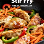 image of frozen chicken potstickers pork potstickers veggie potstickers soy sauce sesame oil garlic ginger carrots bell peppers scallions sriracha chili paste honey rice vinegar mushrooms snap peas napa cabbage peanuts vegetable broth hoisin sauce arranged on a white marble kitchen counter with healthy clear glass bowls and rustic brown wooden kitchen sets under soft diffuse daylight