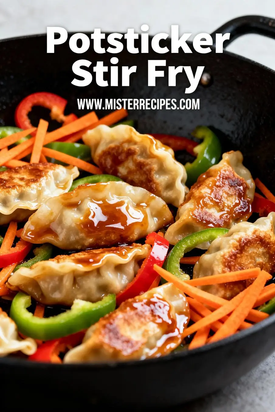 image of frozen chicken potstickers pork potstickers veggie potstickers soy sauce sesame oil garlic ginger carrots bell peppers scallions sriracha chili paste honey rice vinegar mushrooms snap peas napa cabbage peanuts vegetable broth hoisin sauce arranged on a white marble kitchen counter with healthy clear glass bowls and rustic brown wooden kitchen sets under soft diffuse daylight