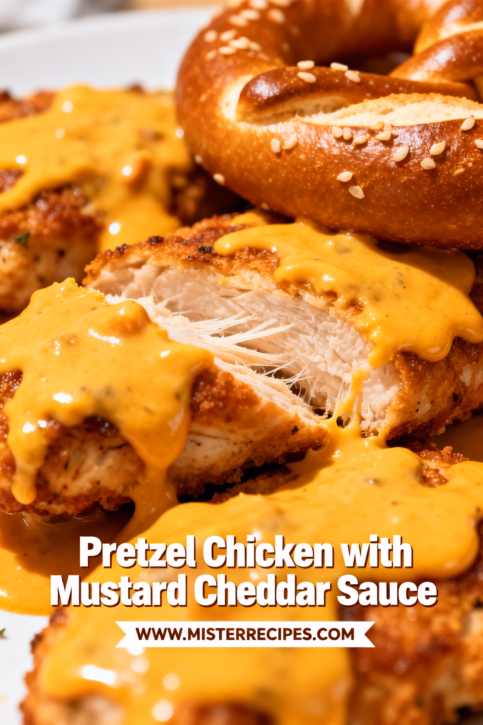 image of boneless skinless chicken breasts pretzels eggs all purpose flour cheddar cheese milk dijon mustard butter olive oil garlic powder onion powder paprika salt black pepper