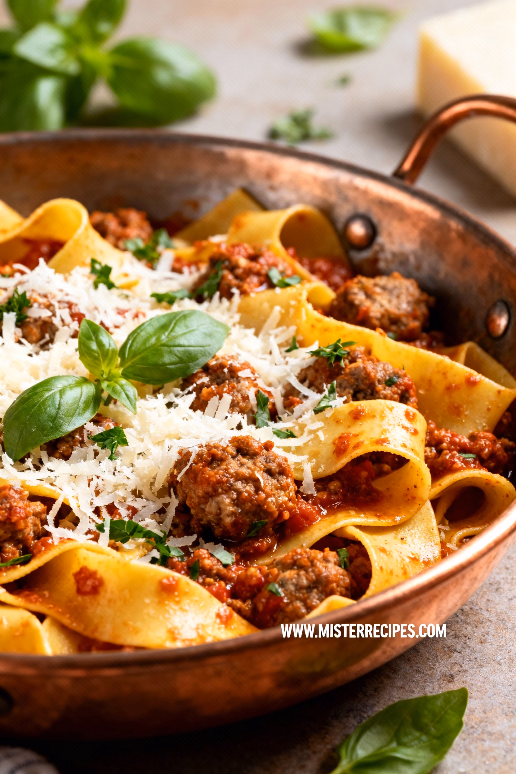 image of fresh Italian sausage pappardelle pasta canned tomatoes tomato paste olive oil onion garlic carrot celery salt black pepper red wine Parmesan cheese basil rosemary thyme bay leaves fennel seeds chili flakes chicken stock sugar butter parsley arranged on white marble counter with clear glass bowls and rustic brown wooden kitchen sets under soft diffuse daylight