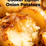 image of realistic top down mise en place shot fresh russet potatoes Lipton onion soup mix olive oil garlic powder black pepper melted butter sour cream green onions cheddar cheese arranged on a white marble kitchen counter healthy clear glass bowls rustic brown wooden kitchen sets soft diffuse daylight