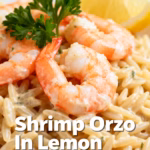 image of Mise en place shot top down realistic style fresh ingredients for shrimp orzo in lemon garlic sauce arranged on a white marble kitchen counter healthy clear glass bowls rustic brown wooden kitchen sets soft diffuse daylight showing shrimp orzo pasta olive oil butter garlic lemons chicken broth white wine optional onions cherry tomatoes spinach parsley parmesan cheese red pepper flakes