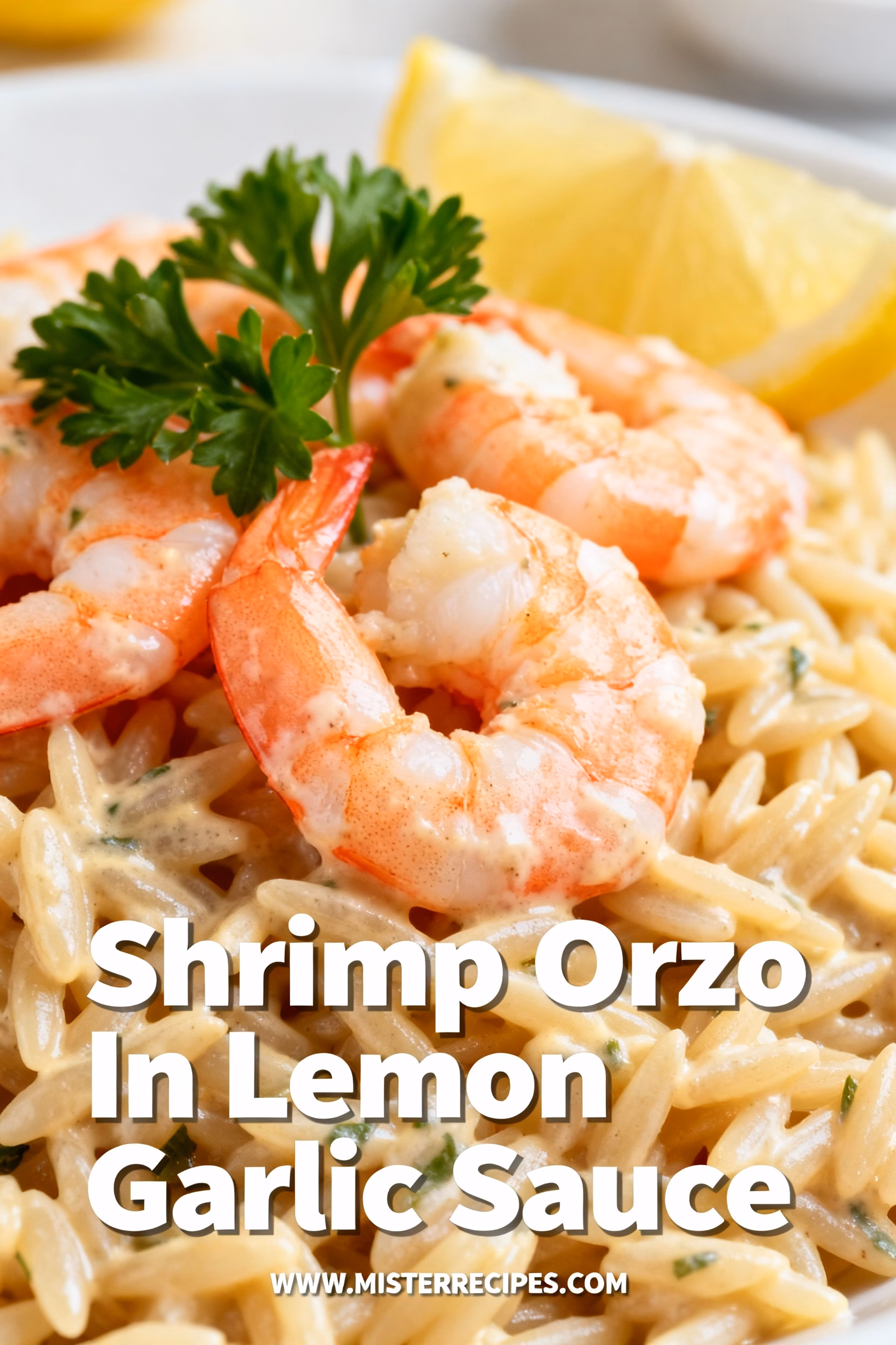 image of Mise en place shot top down realistic style fresh ingredients for shrimp orzo in lemon garlic sauce arranged on a white marble kitchen counter healthy clear glass bowls rustic brown wooden kitchen sets soft diffuse daylight showing shrimp orzo pasta olive oil butter garlic lemons chicken broth white wine optional onions cherry tomatoes spinach parsley parmesan cheese red pepper flakes