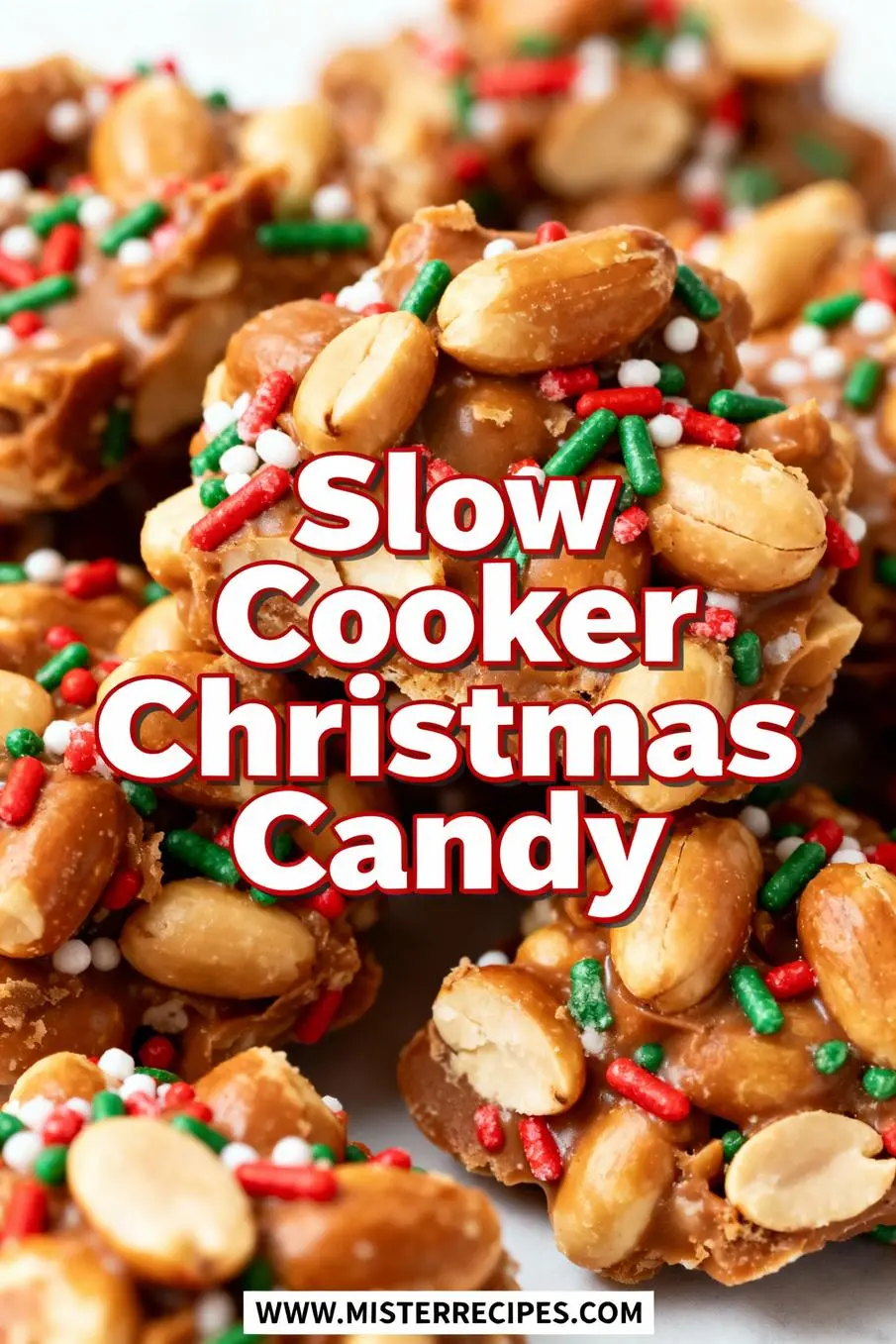 image of realistic top down mise en place shot ingredients for slow cooker christmas candy on white marble counter clear glass bowls and rustic brown wooden sets soft diffuse daylight almond bark vanilla chocolate peanuts dry roasted salted chocolate chips semi sweet dark pecans creamy peanut butter german sweet chocolate christmas sprinkles