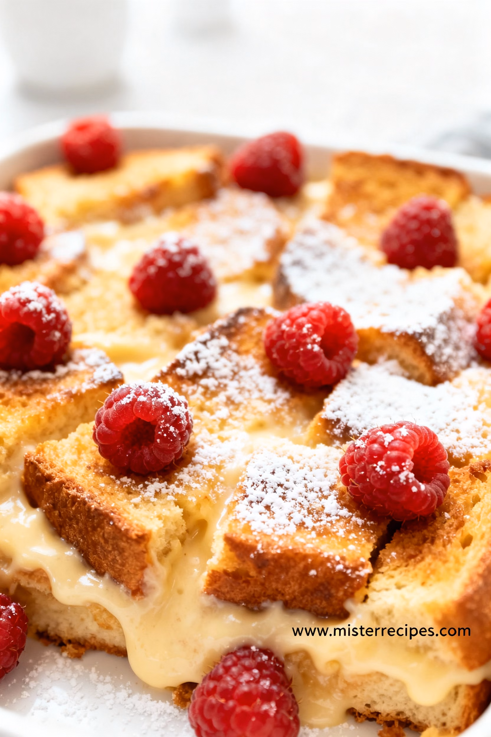 image of stale brioche bread eggs whole milk brown sugar butter ground cinnamon vanilla extract nutmeg salt maple syrup powdered sugar fresh berries arranged on a white marble kitchen counter in healthy clear glass bowls and rustic brown wooden kitchen sets under soft diffuse daylight in a realistic top down mise en place shot