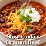 image of ground beef kidney beans black beans pinto beans diced tomatoes crushed tomatoes tomato sauce onion garlic bell pepper chili powder cumin smoked paprika beef broth jalapeno poblano pepper corn masa harina cocoa powder oregano arranged in clear glass bowls on white marble counter with rustic wooden kitchen tools under soft daylight