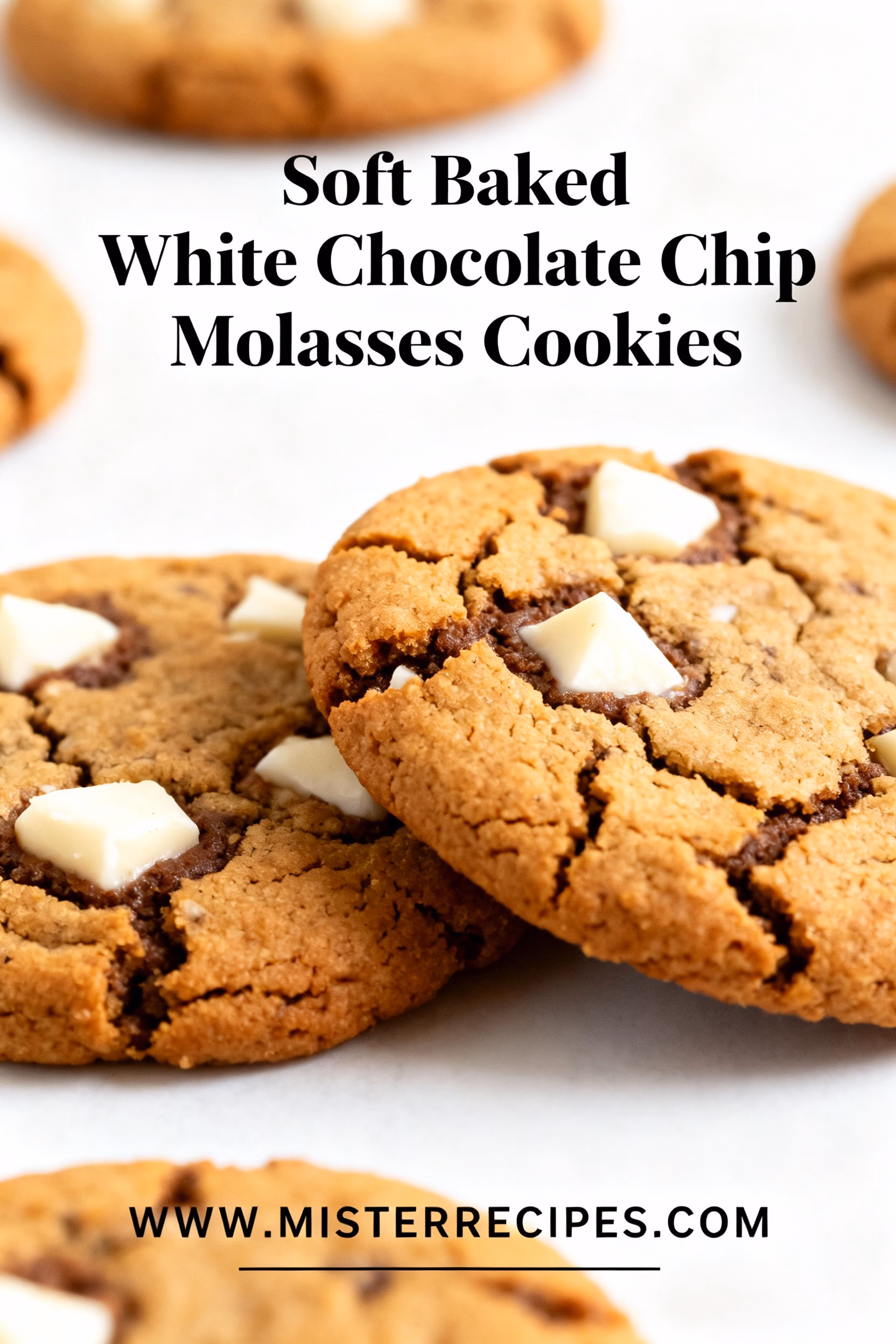 image of realistic top down mise en place shot showing fresh softened butter brown sugar granulated sugar eggs vanilla extract unsulfured molasses all purpose flour baking soda ground ginger ground cinnamon ground cloves ground nutmeg salt white chocolate chips shortening rolled oats unsalted butter arranged on white marble kitchen counter with clear glass bowls rustic brown wooden kitchen sets under soft diffuse daylight