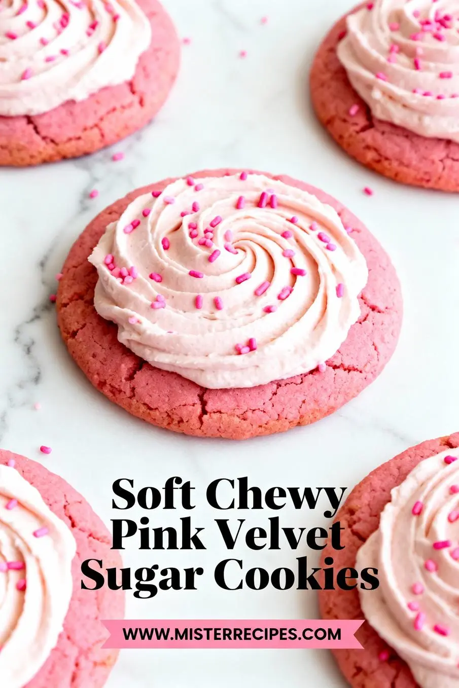 image of realistic top down mise en place shot showing fresh ingredients butter granulated sugar brown sugar flour egg pink gel food coloring vanilla almond cake batter extract cornstarch baking soda salt cream cheese powdered sugar white chocolate chips sprinkles cookie crumbs arranged on a white marble kitchen counter with healthy clear glass bowls and rustic brown wooden kitchen sets under soft diffuse daylight