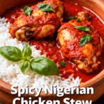 image of fresh chicken pieces red bell peppers scotch bonnet peppers roma tomatoes onions garlic ginger chicken stock vegetable oil bay leaves curry powder thyme arranged on white marble counter in clear glass bowls rustic brown wooden kitchen sets soft diffuse daylight