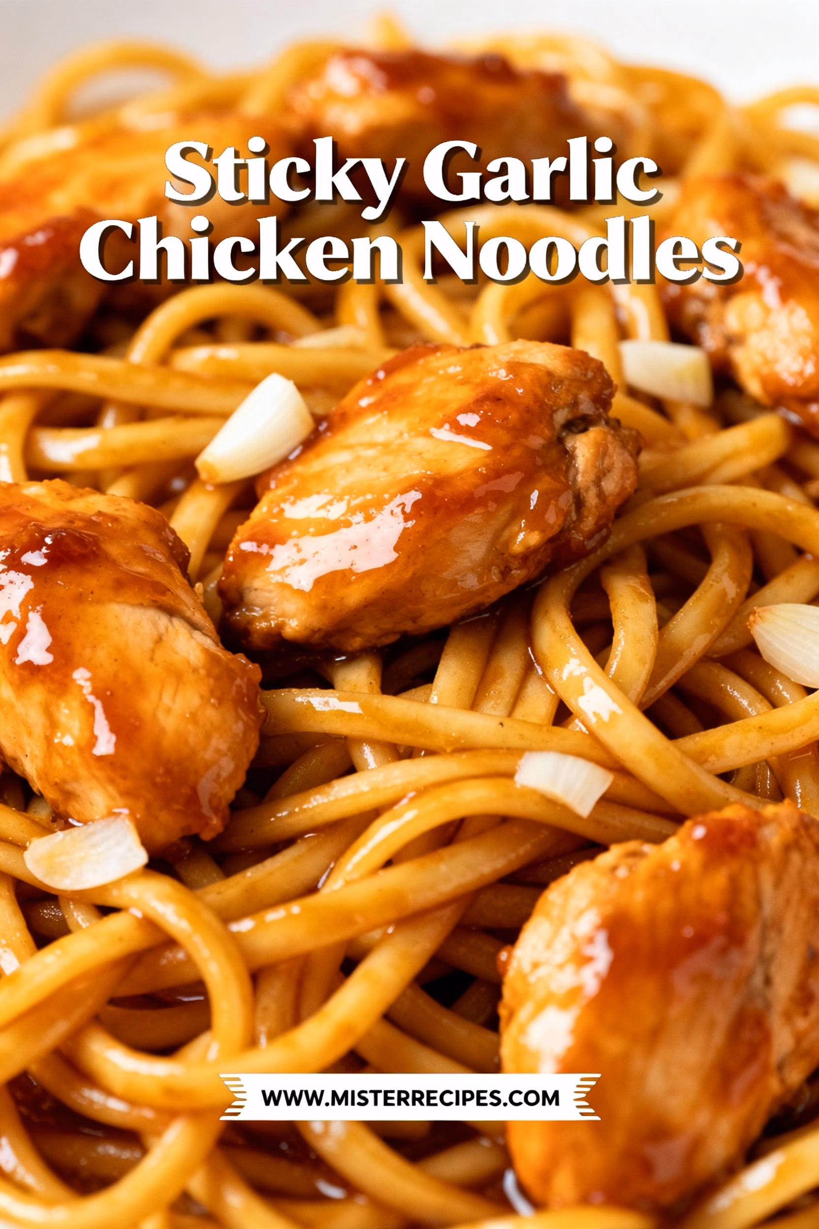image of a top down mise en place shot showing chicken breast chicken thighs egg noodles rice noodles udon noodles garlic honey soy sauce ginger cornstarch vegetable oil sesame oil red chili flakes green onions sesame seeds arranged on a white marble kitchen counter with healthy clear glass bowls and rustic brown wooden kitchen sets under soft diffuse daylight
