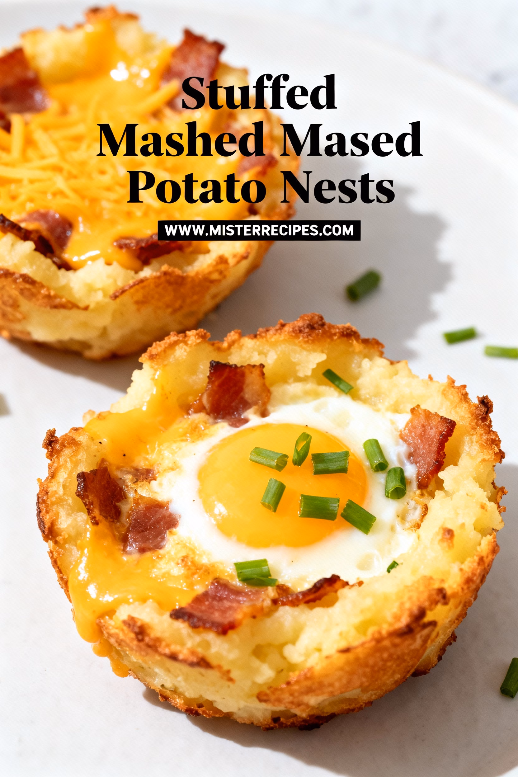 image of potatoes eggs cheddar parmesan cheese bacon chives parsley butter sour cream bell peppers garlic onions on a white marble counter with glass bowls and wooden utensils under soft natural light from a top down perspective