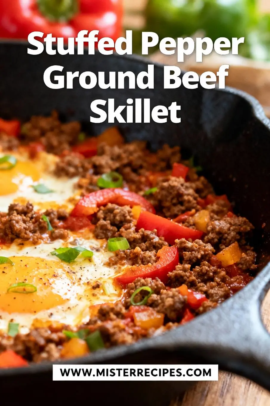 image of Realistic top down mise en place shot showing fresh ingredients ground beef lean bell peppers red green yellow onions yellow sweet garlic uncooked long grain white rice beef broth canned diced tomatoes tomato paste fire roasted tomatoes Italian seasoning salt black pepper shredded cheese cheddar mozzarella Mexican blend parmesan fresh parsley olive oil Worcestershire sauce beef broth oregano smoked paprika red pepper flakes basil mushrooms spinach cauliflower rice quinoa arranged on white marble kitchen counter with healthy clear glass bowls and rustic brown wooden kitchen sets under soft diffuse daylight