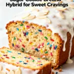 image of Overripe bananas brown sugar unsalted butter flour egg vanilla extract almond extract milk baking powder salt jimmies sprinkles white sugar fresh ingredients arranged on a white marble kitchen counter with healthy clear glass bowls and rustic brown wooden kitchen sets under soft diffuse daylight