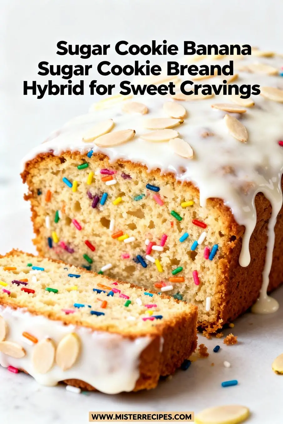 image of Overripe bananas brown sugar unsalted butter flour egg vanilla extract almond extract milk baking powder salt jimmies sprinkles white sugar fresh ingredients arranged on a white marble kitchen counter with healthy clear glass bowls and rustic brown wooden kitchen sets under soft diffuse daylight