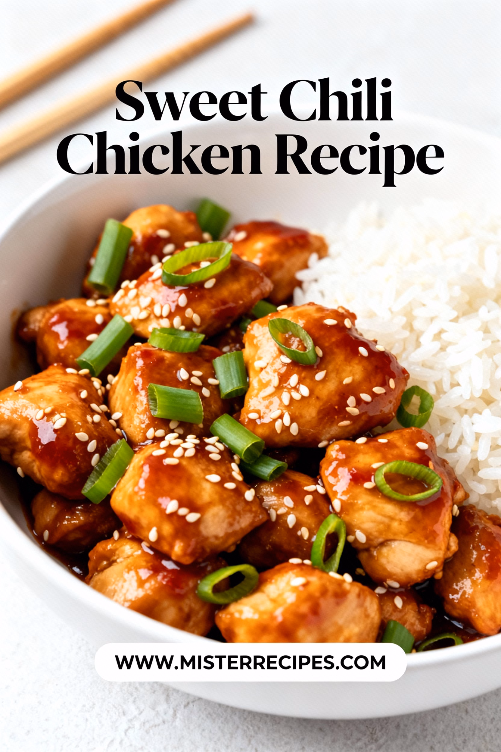 image of fresh chicken breast thai sweet chili sauce garlic ginger soy sauce vegetable oil cornstarch salt black pepper honey rice vinegar sesame oil green onions sesame seeds red pepper flakes bell peppers onion carrots arranged on white marble kitchen counter with healthy clear glass bowls and rustic brown wooden kitchen sets under soft diffuse daylight