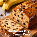 image of Realistic top down mise en place shot showing ripe bananas sour cream flour sugar butter eggs baking soda salt vanilla extract cinnamon arranged on a white marble kitchen counter with healthy clear glass bowls and rustic brown wooden kitchen sets under soft diffuse daylight