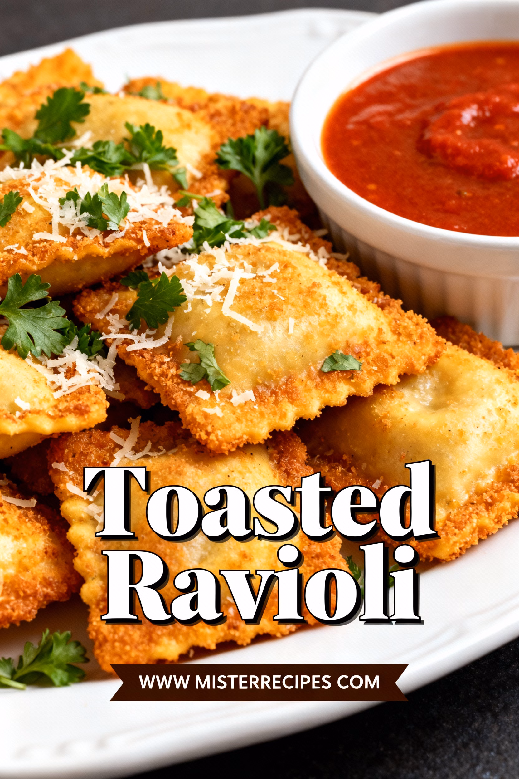 image of Mise en place shot on white marble counter with soft daylight showing ingredients for Toasted Ravioli frozen ravioli cheese or beef eggs italian breadcrumbs parmesan cheese flour milk italian seasoning salt vegetable oil garlic powder parsley healthy clear glass bowls rustic brown wooden kitchen sets top down view realistic