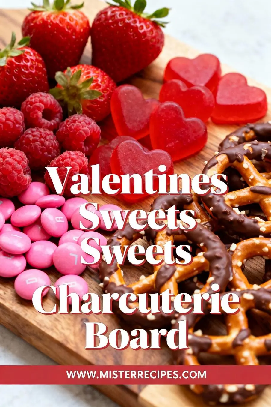 image of realistic top down mise en place shot showing strawberries raspberries chocolate bars gummy candies heart cookies MMs licorice pretzels Oreos popcorn yogurt pretzels salted caramel chocolates dried fruits nuts pistachios arranged on a white marble kitchen counter with healthy clear glass bowls and rustic brown wooden kitchen sets under soft diffuse daylight