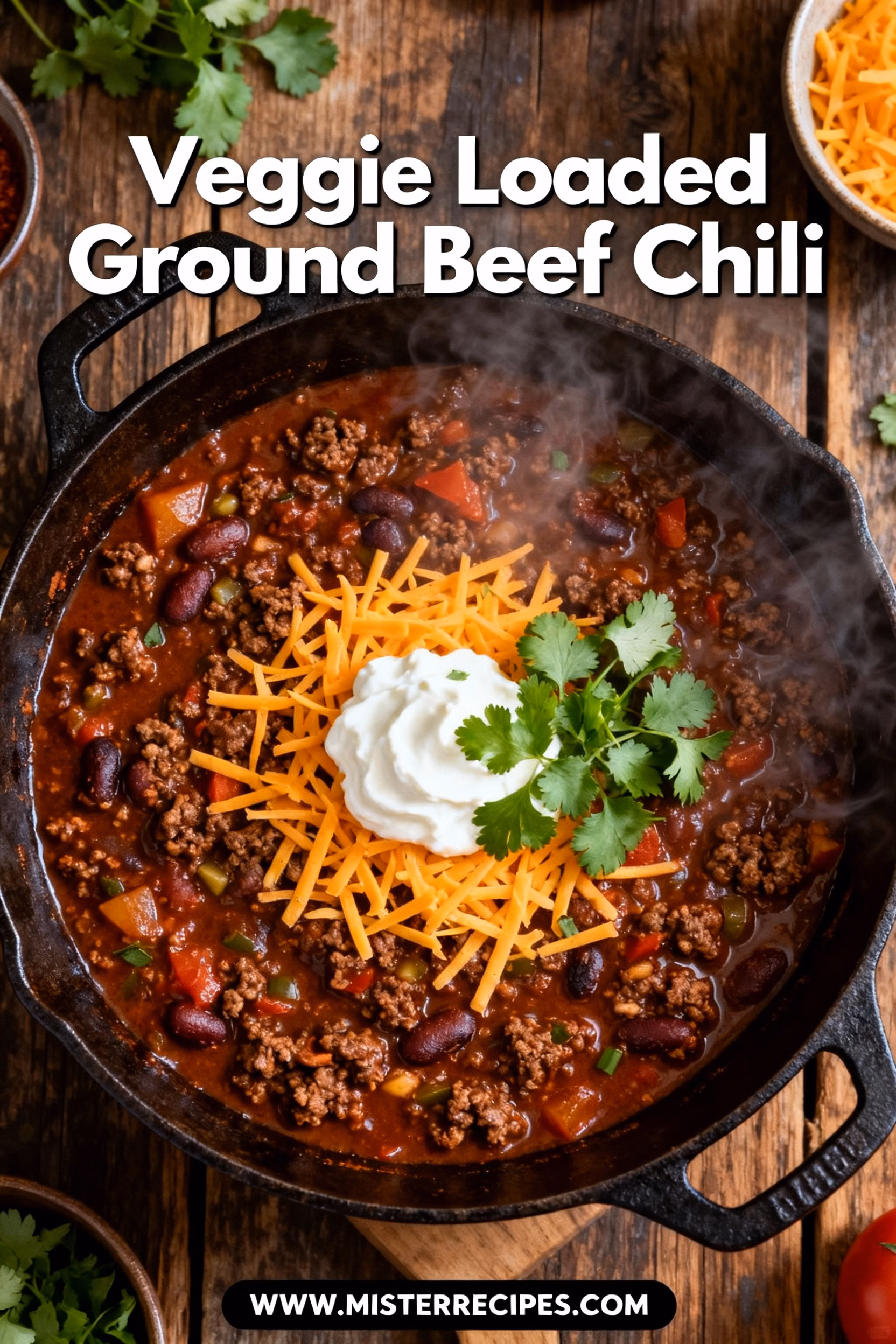 image of top down mise en place shot of ground beef onion bell peppers zucchini corn beans tomatoes garlic chili powder cumin fresh ingredients arranged in clear glass bowls on white marble counter with rustic brown wooden kitchen sets under soft diffuse daylight