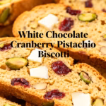 image of realistic top down mise en place shot showing all purpose flour baking powder granulated sugar brown sugar unsalted butter eggs vanilla extract almond extract chopped pistachios dried cranberries white chocolate chips salt ground cinnamon canola oil meyer lemon zest orange zest arranged on white marble kitchen counter with clear glass bowls rustic brown wooden kitchen sets under soft diffuse daylight