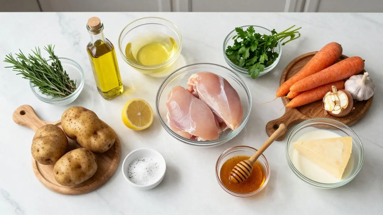Easy Garlic Herb Chicken with Mashed Potatoes & Glazed Carrots