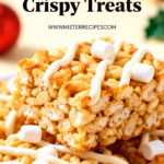 image of mise en place realistic top down shot fresh ingredients butter marshmallows rice krispies cereal vanilla extract food coloring red green white salt M&M candies Christmas sprinkles white chocolate semi sweet chocolate candy melts crushed candy canes pretzel sticks cookie icing arranged on white marble kitchen counter with clear glass bowls and brown wooden kitchen sets soft diffuse daylight