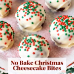 image of realistic top down mise en place shot fresh ingredients arranged white marble kitchen counter clear glass bowls cream cheese granulated sugar crushed graham crackers melted butter heavy cream vanilla extract red green christmas sprinkles rustic brown wooden kitchen sets soft diffuse daylight