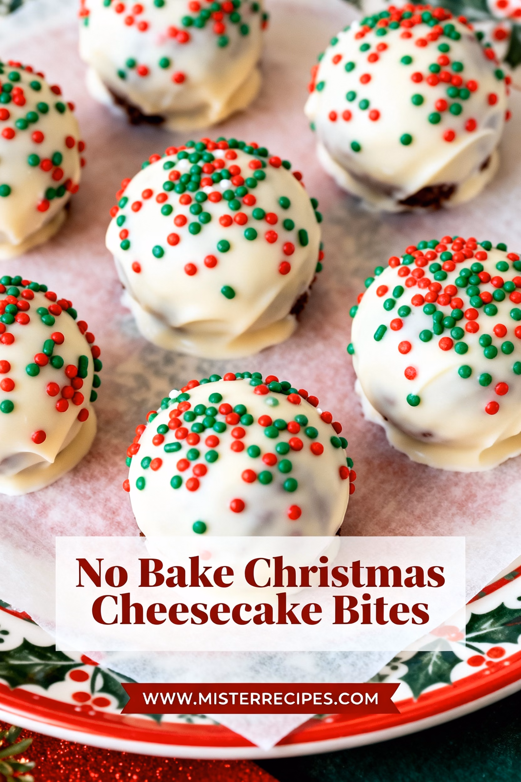 image of realistic top down mise en place shot fresh ingredients arranged white marble kitchen counter clear glass bowls cream cheese granulated sugar crushed graham crackers melted butter heavy cream vanilla extract red green christmas sprinkles rustic brown wooden kitchen sets soft diffuse daylight