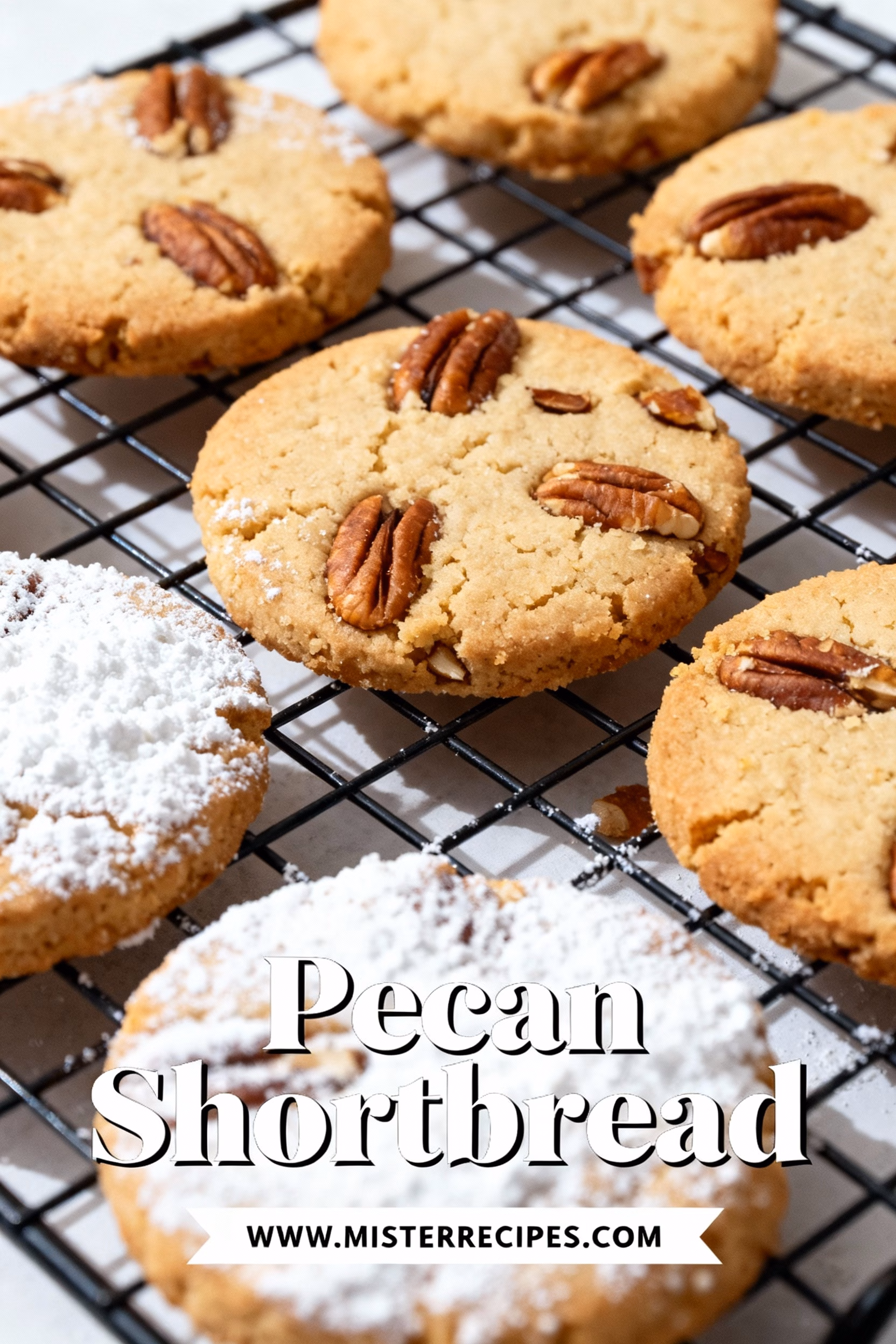 image of realistic top down mise en place shot showing ingredients butter granulated sugar all purpose flour pecans vanilla extract brown sugar salt coarse sugar cinnamon arranged on a white marble kitchen counter with healthy clear glass bowls and rustic brown wooden kitchen sets under soft diffuse daylight