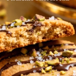 image of top down mise en place shot of fresh ingredients unsalted butter granulated sugar all purpose flour pistachios semi sweet or dark chocolate vanilla extract sea salt brown sugar salt for dough orange zest cranberries cayenne pepper flaky sea salt arranged on a white marble kitchen counter with healthy clear glass bowls and rustic brown wooden kitchen sets under soft diffuse daylight