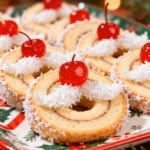 image of a realistic top down mise en place shot showing the fresh ingredients for Santa’s Whiskers Cookies arranged on a white marble kitchen counter with healthy clear glass bowls and rustic brown wooden kitchen sets under soft diffuse daylight