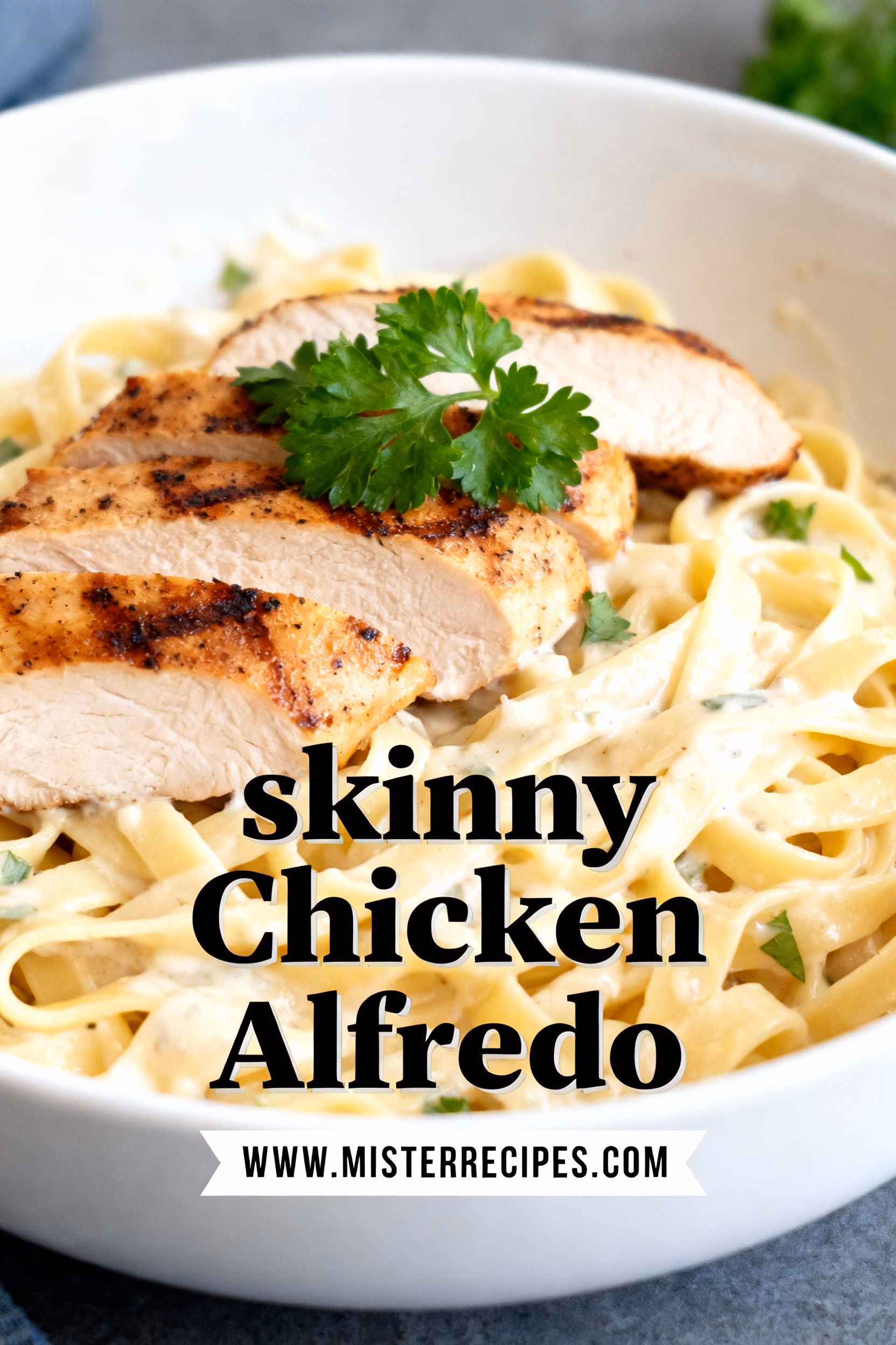 image of fresh boneless chicken breasts whole wheat fettuccine pasta freshly grated Parmesan cheese low fat milk chicken broth olive oil minced garlic all purpose flour arranged in clear glass bowls on white marble counter with rustic brown wooden cutting boards under soft daylight