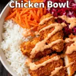 image of chicken breasts mayonnaise sweet chili sauce sriracha or hot sauce honey jasmine rice or white rice tapioca starch or cornstarch panko breadcrumbs carrots red cabbage cucumber green onions sesame seeds lime juice avocado oil garlic powder paprika salt pepper egg optional buttermilk optional edamame bell peppers soy sauce sake mirin ginger sesame oil arranged on a white marble kitchen counter healthy clear glass bowls rustic brown wooden kitchen sets soft diffuse daylight top down mise en place shot realistic