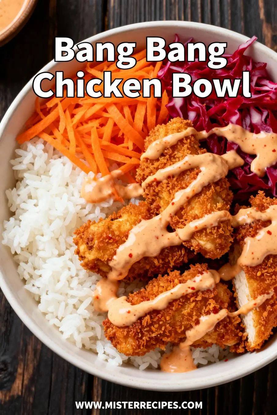 image of chicken breasts mayonnaise sweet chili sauce sriracha or hot sauce honey jasmine rice or white rice tapioca starch or cornstarch panko breadcrumbs carrots red cabbage cucumber green onions sesame seeds lime juice avocado oil garlic powder paprika salt pepper egg optional buttermilk optional edamame bell peppers soy sauce sake mirin ginger sesame oil arranged on a white marble kitchen counter healthy clear glass bowls rustic brown wooden kitchen sets soft diffuse daylight top down mise en place shot realistic