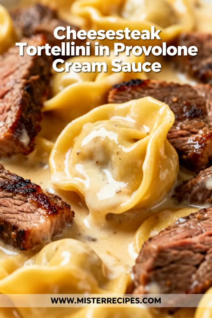 image of cheese tortellini thinly sliced steak ribeye sirloin provolone cheese onion bell pepper garlic heavy cream beef broth parsley Worcestershire sauce steak seasoning arranged on a white marble kitchen counter with clear glass bowls and rustic brown wooden kitchen sets under soft diffuse daylight