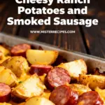 image of a realistic top down mise en place shot showing the fresh ingredients baby or red potatoes diced or quartered smoked sausage pork beef turkey or andouille shredded cheese typically cheddar or cheddar blend ranch seasoning mix or ranch dressing olive oil or vegetable oil garlic powder onion powder paprika or smoked paprika salt and black pepper yellow or sweet onion milk or cream for creamy ranch or cheese sauce butter or bacon grease for richness arranged on a white marble kitchen counter with healthy clear glass bowls and rustic brown wooden kitchen sets under soft diffuse daylight