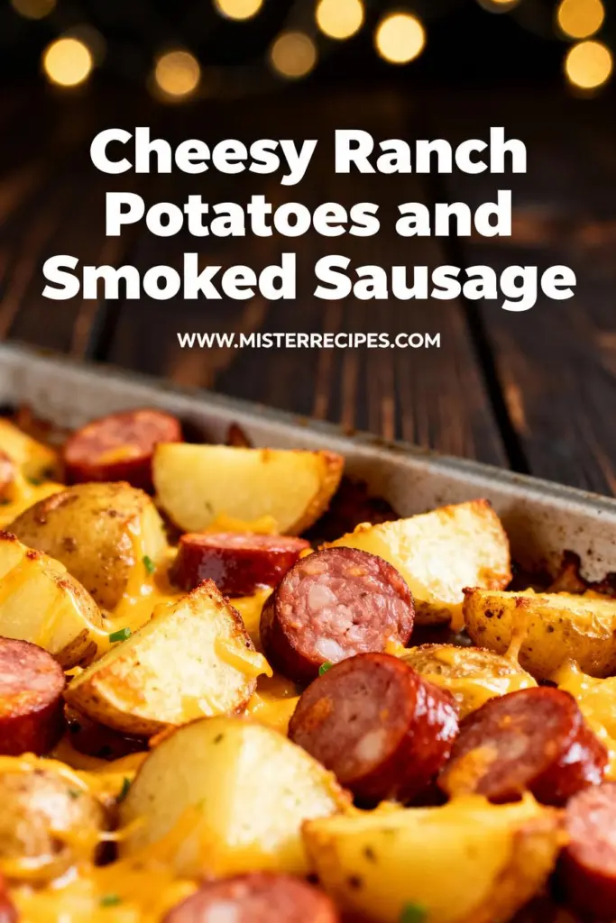 image of a realistic top down mise en place shot showing the fresh ingredients baby or red potatoes diced or quartered smoked sausage pork beef turkey or andouille shredded cheese typically cheddar or cheddar blend ranch seasoning mix or ranch dressing olive oil or vegetable oil garlic powder onion powder paprika or smoked paprika salt and black pepper yellow or sweet onion milk or cream for creamy ranch or cheese sauce butter or bacon grease for richness arranged on a white marble kitchen counter with healthy clear glass bowls and rustic brown wooden kitchen sets under soft diffuse daylight