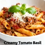 image of fresh ingredients for creamy tomato basil ground beef pasta mise en place arranged on white marble kitchen counter with healthy clear glass bowls and rustic brown wooden kitchen sets under soft diffuse daylight